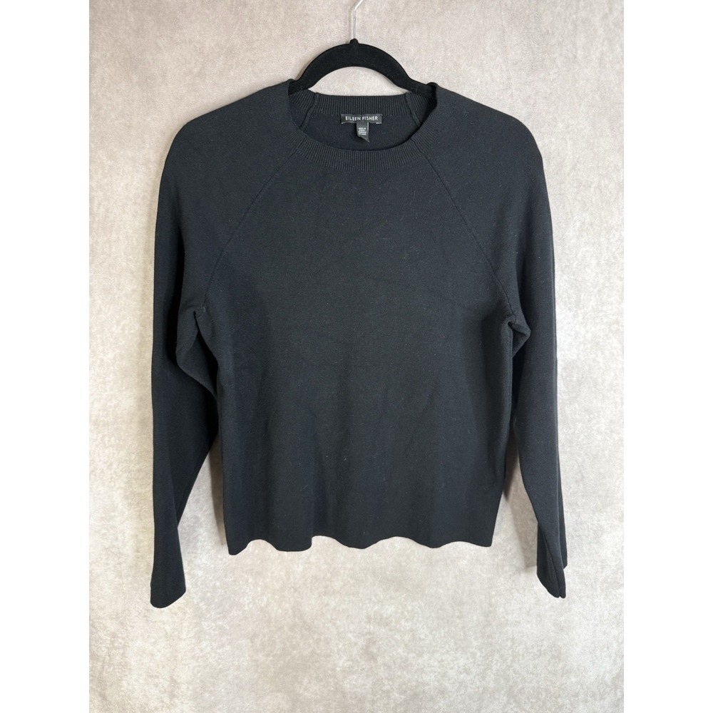 Eileen Fisher Crewneck Wool Knit Classic Capsule Wardrobe Sweater In Black Sz L